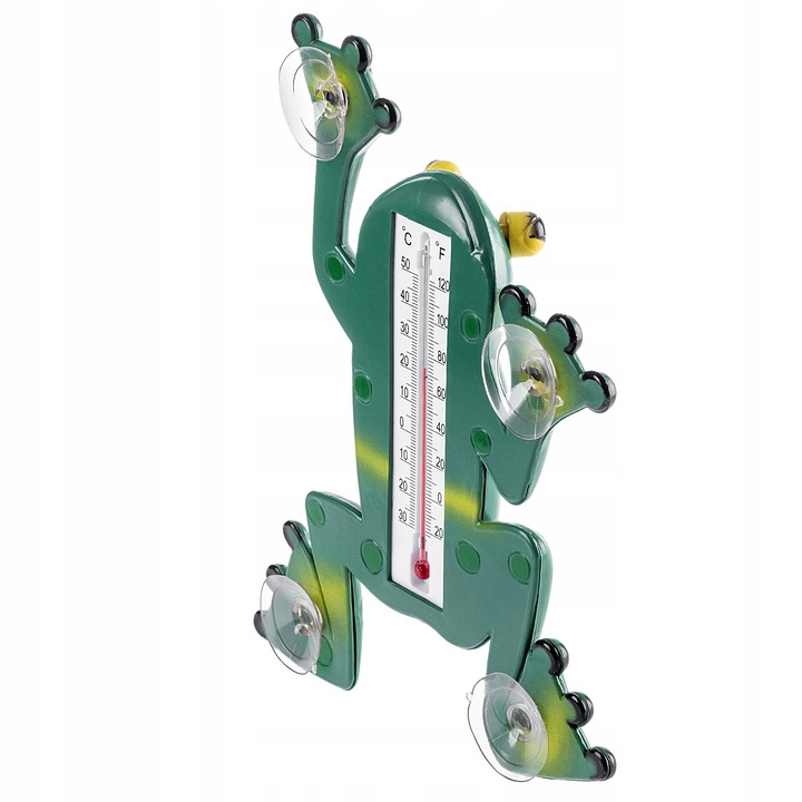 Termometru pentru fereastra, exterior, cu ventuza, autoadeziv, model broasca, verde