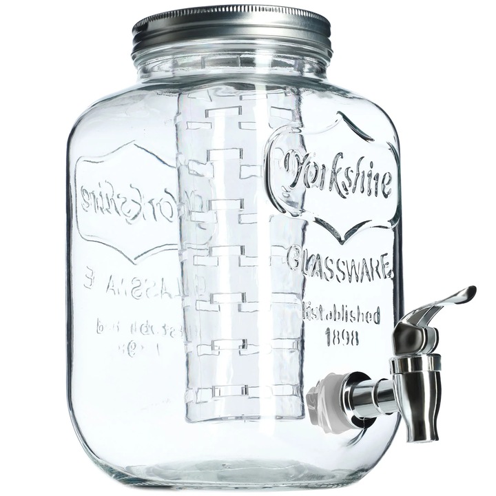 Borcan din sticla pentru bauturi, 4 l, pentru apa, limonada si suc, cu insertie, sigur pentru alimente, FCM