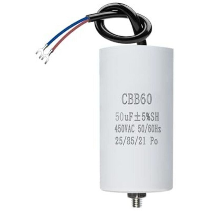 Capacitor CBB60 450V 50F, 50x106mm, pentru motoare, pompe de apa, cu terminale M8, set