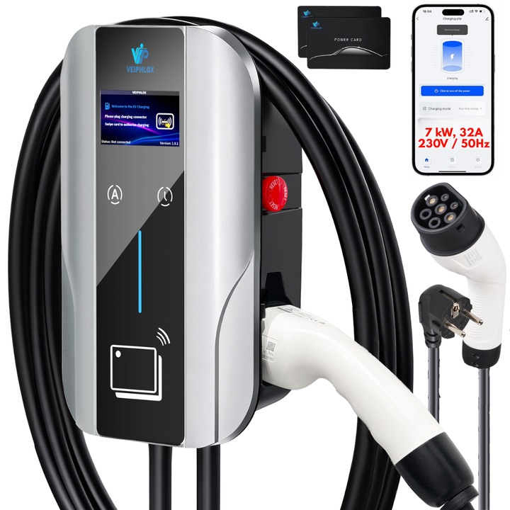 Statie incarcare Auto Smart, masina electrica, 7kW / 230V, 8-10-13-16-32°, Type 2 (IEC 62196-2), perete/stalp, cu control din Aplicatie & card RFID, IP65, Cablu 5+1m, Display LCD, Protectii Multiple, Programare Incarcare si temporizare, Plug and Charge