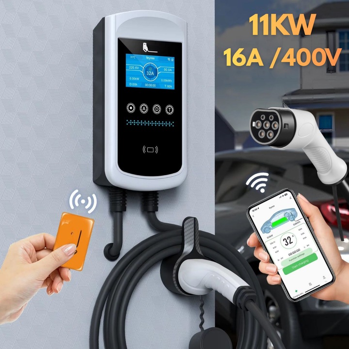 Statie incarcare Auto Smart, masina electrica, 11kW 16A Type 2 (IEC 62196-2), 400V, perete/stalp, Control din Aplicatie & card RFID, IP65, Cablu 5m, Display LCD, Protectii Multiple, Programare Incarcare si temporizare