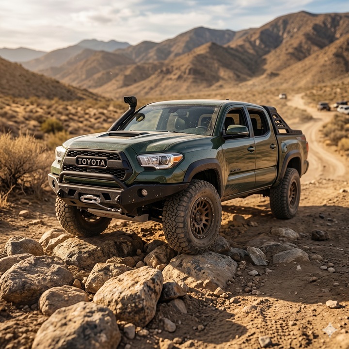 Fém Modell Toyota Tacoma TRD Pro Off-Road, 1:32 Méretarány, Adventure Green Kiadás, Hátrahúzós, Fények, Hangok, Nyitható Ajtók, Motorháztető, Felfüggesztés, Katonai Zöld
