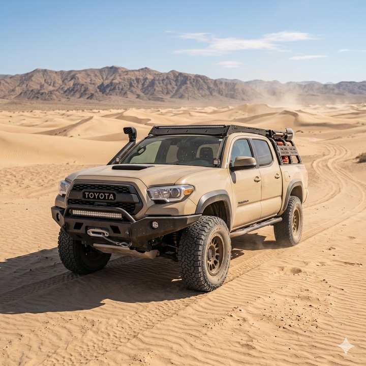 Fém Modell Toyota Tacoma TRD Pro Off-Road, 1:32 Méretarány, Desert Sand Dune Rider Kiadás, Hátrahúzós, Fények, Hangok, Nyitható Ajtók, Motorháztető, Felfüggesztések