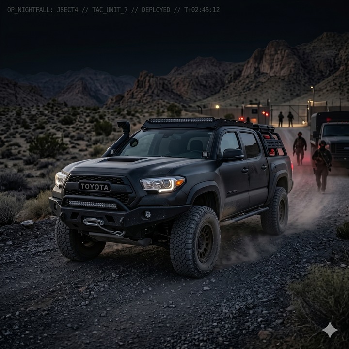 Fém Modell Toyota Tacoma TRD Pro Off-Road, 1:32 Méretarány, Tactical Nightfall Kiadás (Matt Fekete), Visszahúzós, Fények, Hangok, Nyitható Ajtók, Motorháztető, Felfüggesztések, Katonai Zöld