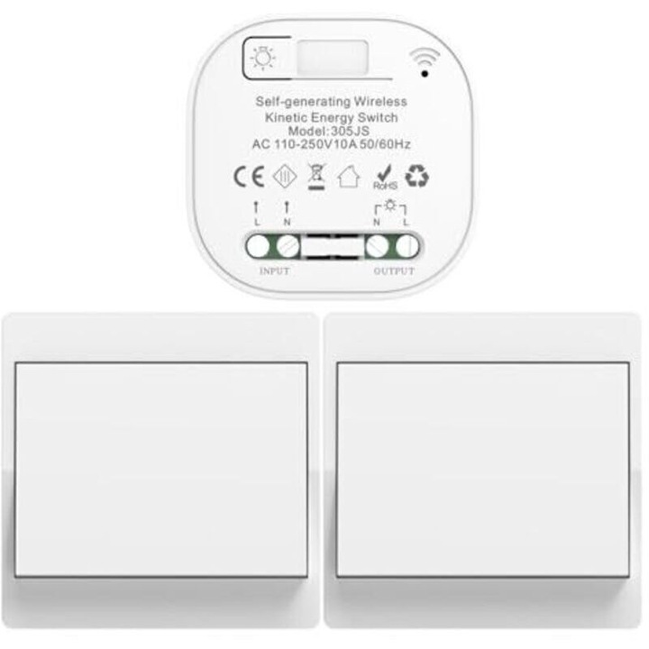 Vezeték nélküli, elemek nélküli, önellátó kapcsolókészlet, 433 MHz, 10A, 110-250V