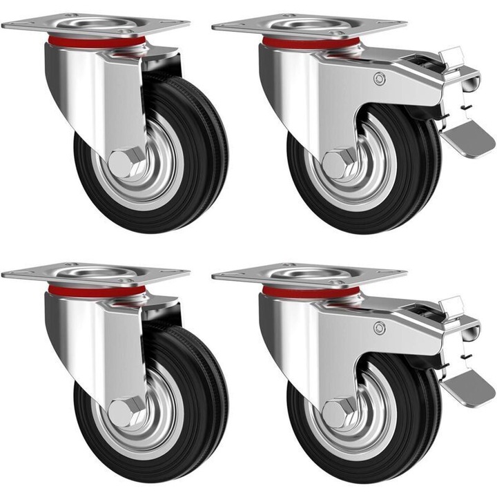 Set de 4 roti pivotante cu frana 75mm, capacitate 50kg, utilizare interioara si exterioara, pentru transport si ridicat