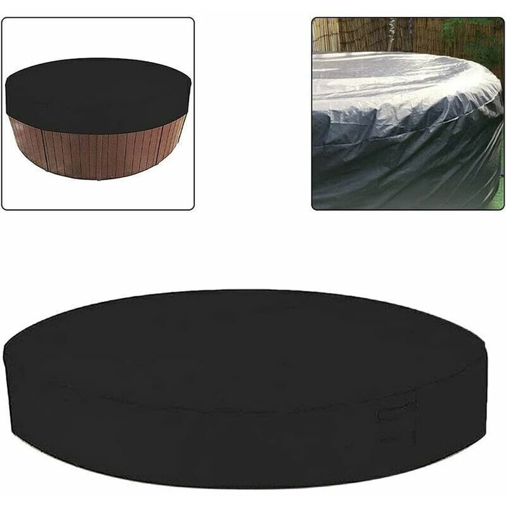 Husa rotunda pentru cada cu hidromasaj 200cm, poliester taffeta argintat, rezistenta la UV, neagra, cu curele ajustabile
