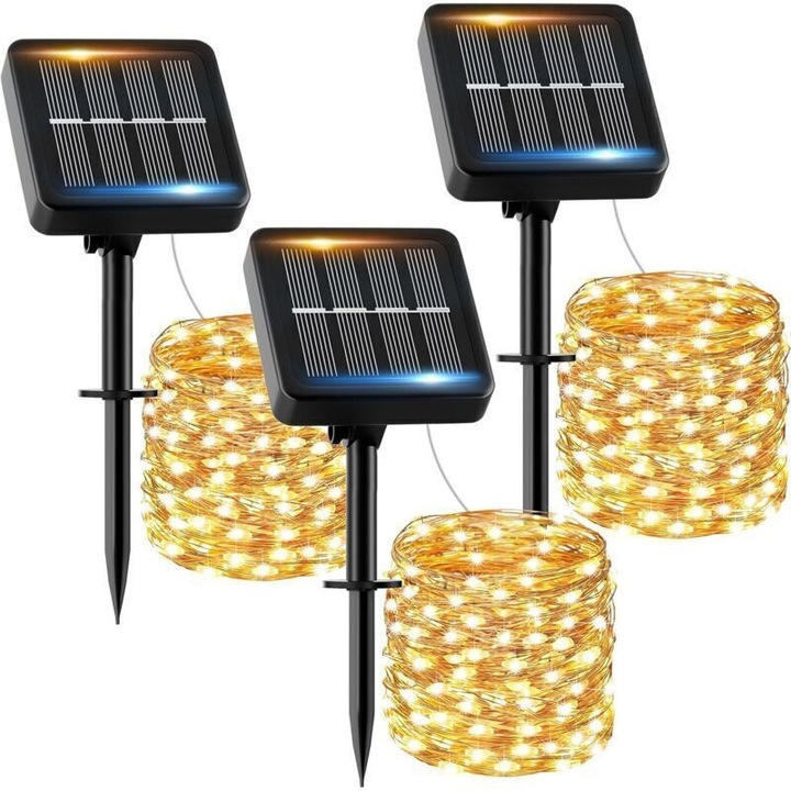 Комплект от 3 външни соларни LED лампи 14м, 120 LED, топла светлина, водоустойчиви IP65