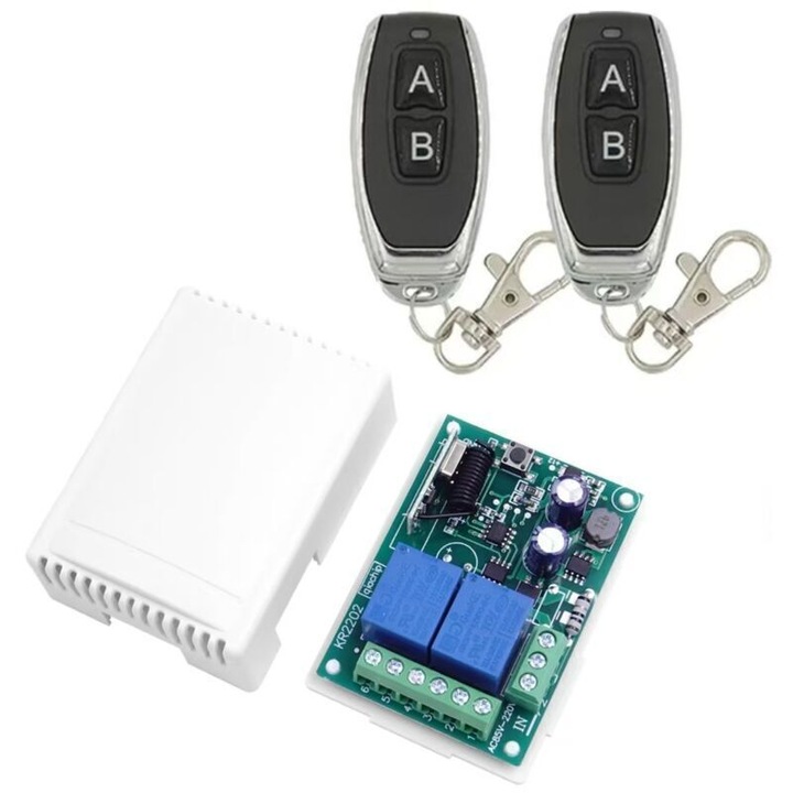 Vezeték nélküli kétcsatornás kapcsoló, 220V AC, 433 MHz, 2 távirányítóval, beléptetés-vezérlés