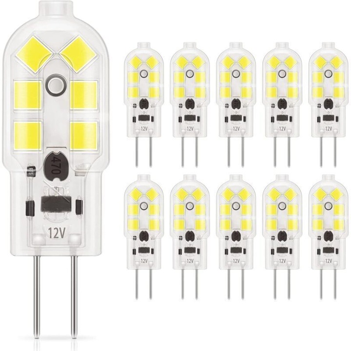 LED G4 izzó, 2W, 200 lumen, hideg fehér 6000K, 10 darabos készlet, méretek 1.2x3.6cm