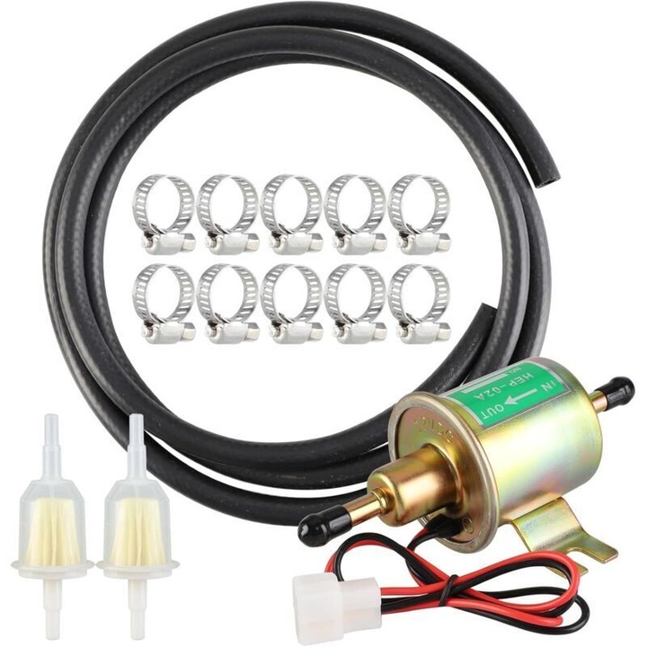 12V HEP-02A elektromos üzemanyagpumpa, 4-7PSI, tömlővel és rozsdamentes acél bilincsekkel