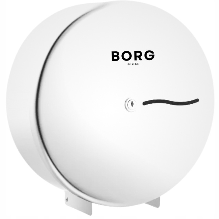 Jumbo WC papír adagoló, BORG Hygiene, 304-es rozsdamentes acél, fehér, 261x253x126mm