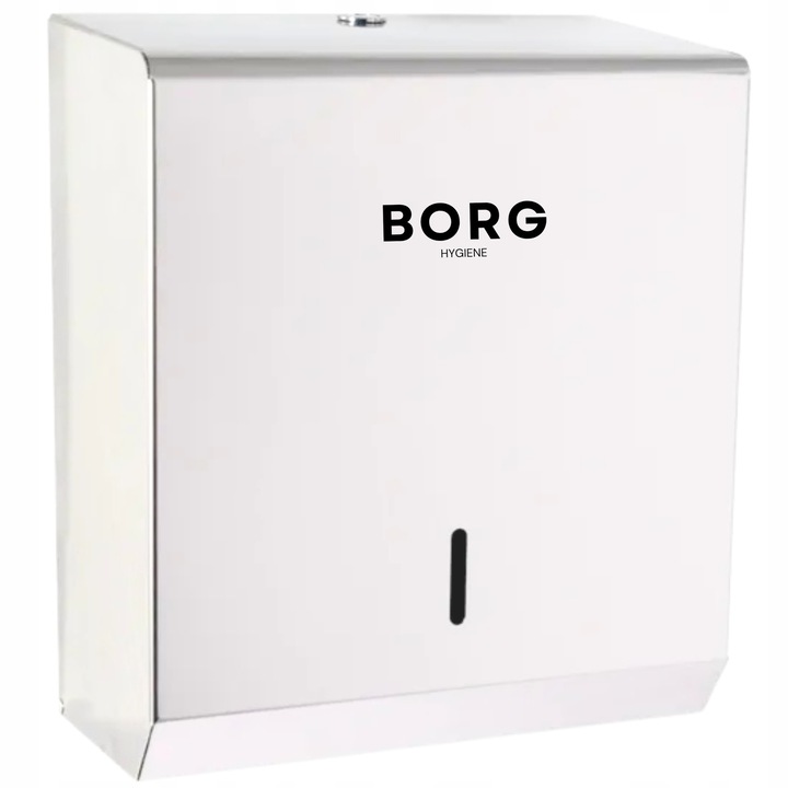 Papírtörlő adagoló ZZ, BORG Hygiene, 304L rozsdamentes acél, fehér, 306x262x128mm