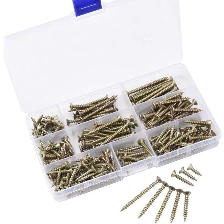 Set de 200 suruburi autofiletante M4 cu cap plat, dimensiuni 16x7.5mm, 20x7.5mm, 25x7.5mm, 30x7.5mm, 35x7.5mm, 40x7.5mm, 45x7.5mm, 50x7.5mm, cutie de depozitare inclusa