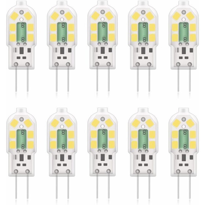 G4 LED izzók, 2W, 20W halogénnel egyenértékű, hideg fehér 6000k, 200Lm, 10 darabos készlet, 36x12mm