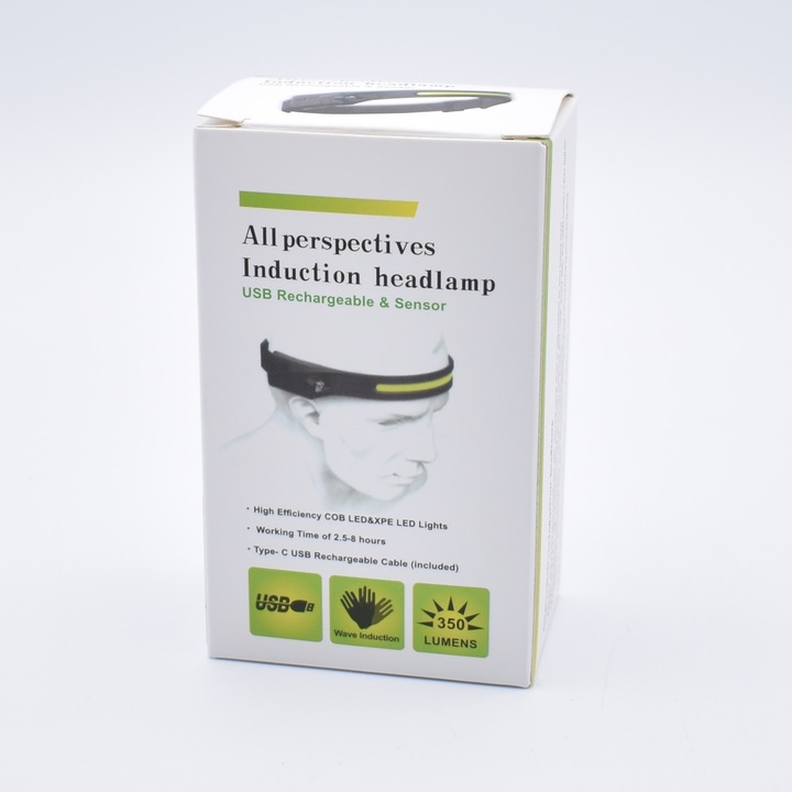 Macvi® LED újratölthető USB fejlámpa mozgásérzékelővel, 350 lumen, IPX4, akkumulátorral kempingezéshez, horgászathoz, javításokhoz