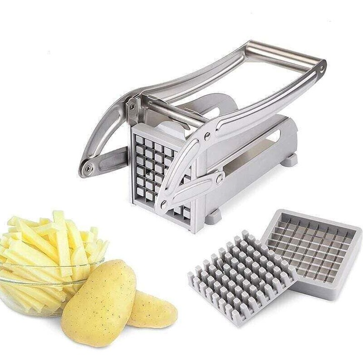 Taietor de cartofi manual, feliator pentru cartofi si legume profesional din otel inoxidabil, cu lama de rezerva si ventuza anti-alunecare, Inox, 1 buc