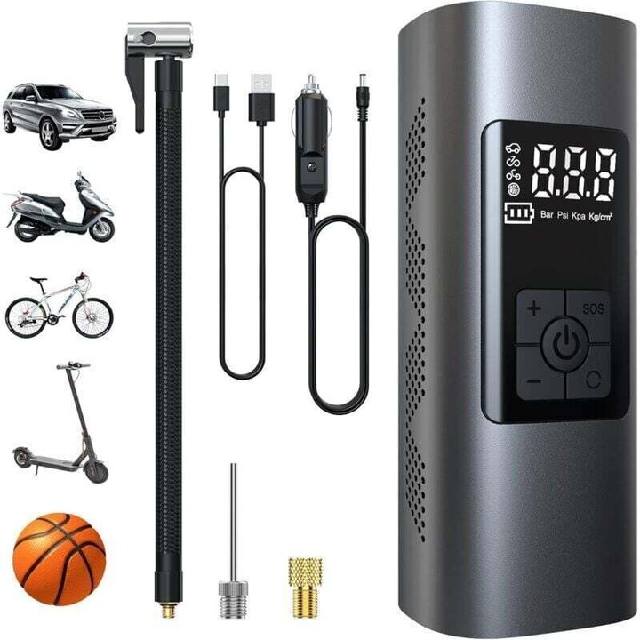 Pompa de aer electrica portabila, 6000 mAh, 150 PSI, afisaj LCD si lanterna LED, fara fir, pentru masina, motocicleta, bicicleta, Gri, 1 buc