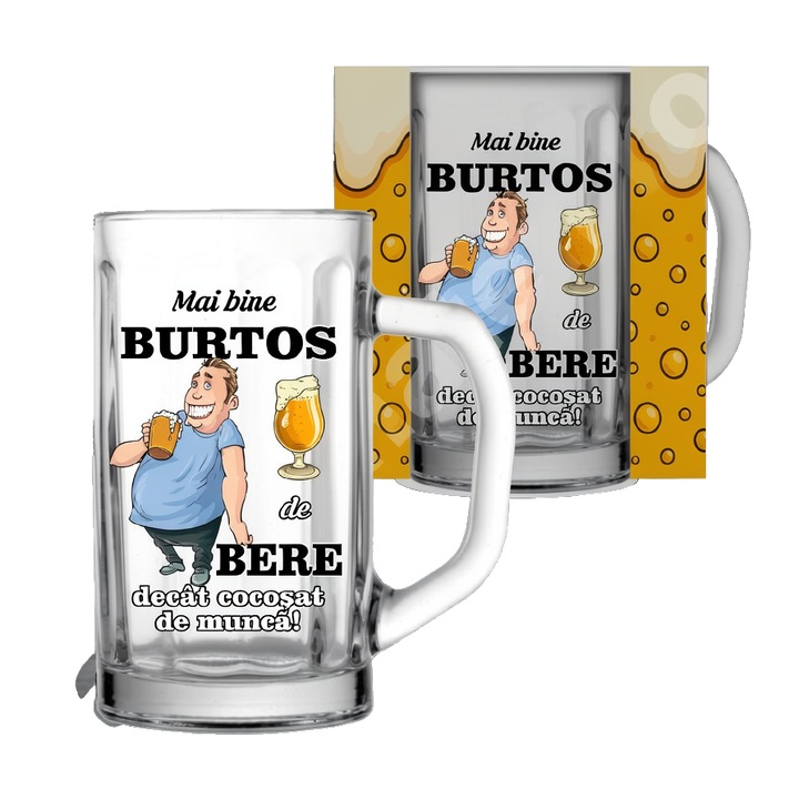 Halba de Bere Haioasa cu Mesaj „Mai bine BURTOS de BERE decat cocosat de munca!”, 400 ml, include Cutie Cadou