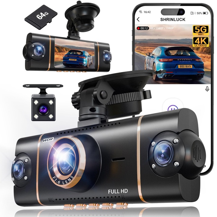 Camera auto DVR, Camera de bord cu 4 canale, Camera de bord 4K + 3 x 1080P Camera de bord fata/spate/interior/laterala Vizualizare 360° Camera auto 5G WiFi GPS incorporat, mod parcare 24 de ore, senzor G, inregistrare in bucla, card de 64 GB inclus