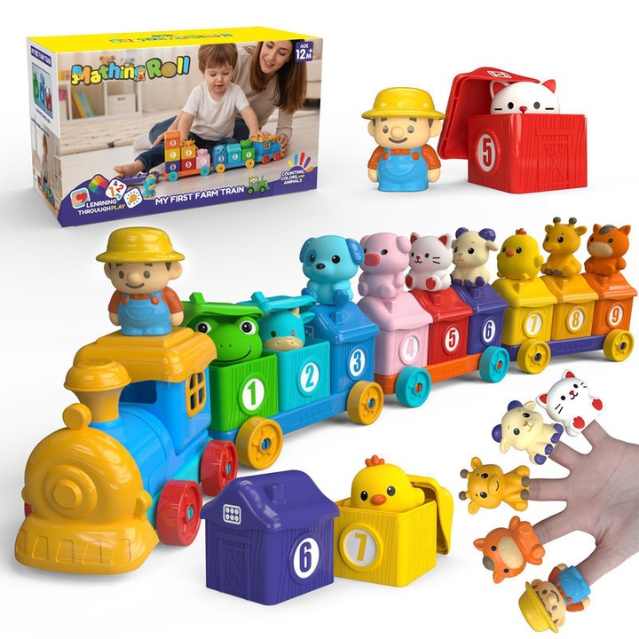 Interaktív babajáték, YSBER, többszínű Montessori kisvonat, 9 farmállat, 1 év