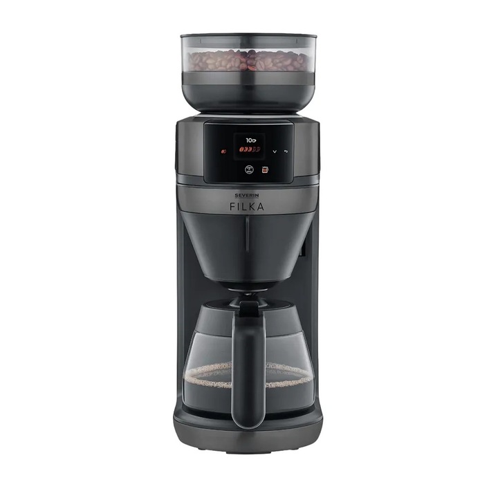 Cafetiera drip coffee cu rasnita Severin, Filka, compatibila cu cafea boabe/macinata, rasnita conica din otel inoxidabil, capacitate rasnita 235 g, rasnire reglabila, setare aroma 5 trepte, carafa sticla, timer, panou de control senzor touch, negru