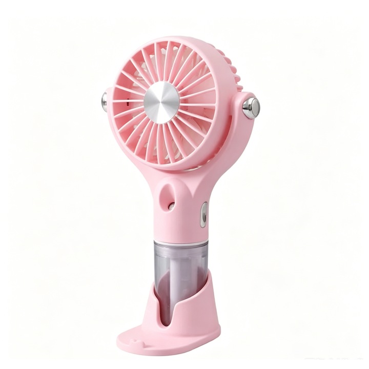 Kézi hordozható ventilátor vízpermettel, USB-ről tölthető, 3 sebességfokozat, asztali tartóval, hűtőködös ventilátor kültérre, irodába, kempingezéshez, rózsaszín