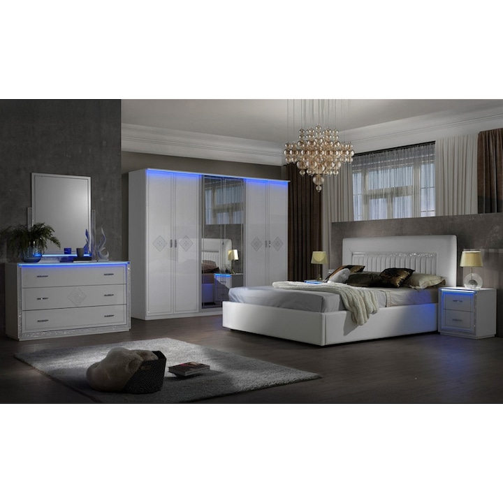 Set dormitor New Gemma cu pat 160x200 cm, dulap 6 uși, comodă, noptieră, oglindă, alb