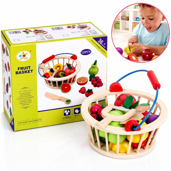 Set Jucarie Educativa Macvi®, Cos cu Fructe din Lemn, Magnetic, perfect pentru activitati de tip Montessori,12 Piese, 17x14x9cm