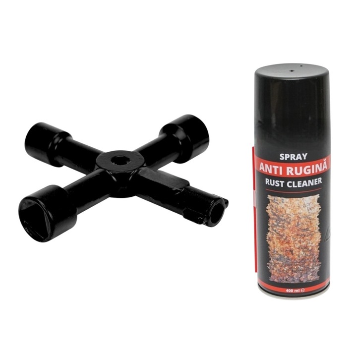 Cheie multifunctionala, tip 4 in1 - rotund 6mm/triunghiular 10 mm/ patrat 8mm/ patrat 10 mm -, pentru camine utilitati, negru, 72x72 mm cu Spray tehnic anti rugina, 400 ml, uz casnic/profesional