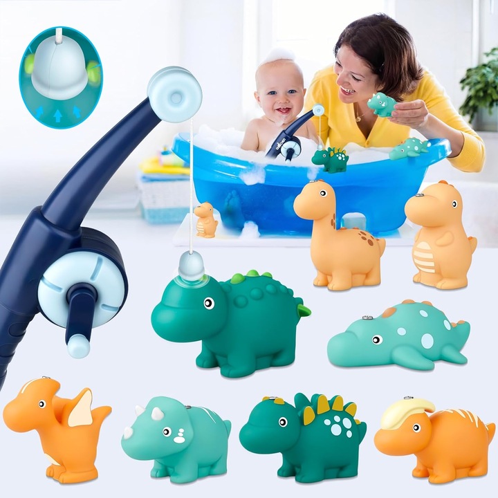 9 db Horgászjáték készlet, BYONDSELF®, mágneses horgászbottal, 8 mágneses dinoszaurusszal, kádba, medencébe, színes és vizuálisan stimuláló játékok, többszínű, 3 év+