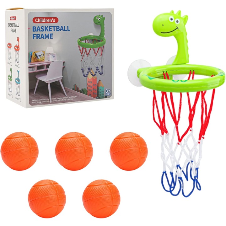 BYONDSELF® Gyermek Fürdőjáték, Dinoszaurusz Modell, 2 Tapadókoronggal, Kosárlabda Kosárral, 5 Kosárlabda Labdával, 3 Év+, Zöld