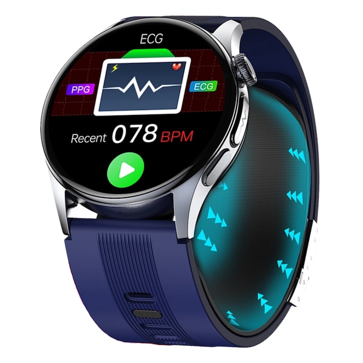 Smartwatch LUMAUDiO® CardioCare, Monitorizare exacta a tensiunii arteriale folosind manseta gonflabila detasabila, Monitorizare Glicemie, Colesterol, Trigliceride, Acid uric, Ritm cardiac, Inregistrare EKG, Notificari de pe telefon, Albastru