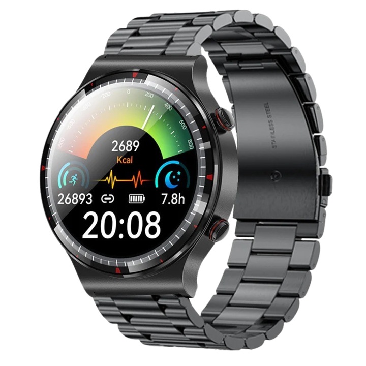 Smartwatch Lumaudio Scan, ECG, Monitorizare sanatate, 1.43 inch, curea metalica, Negru