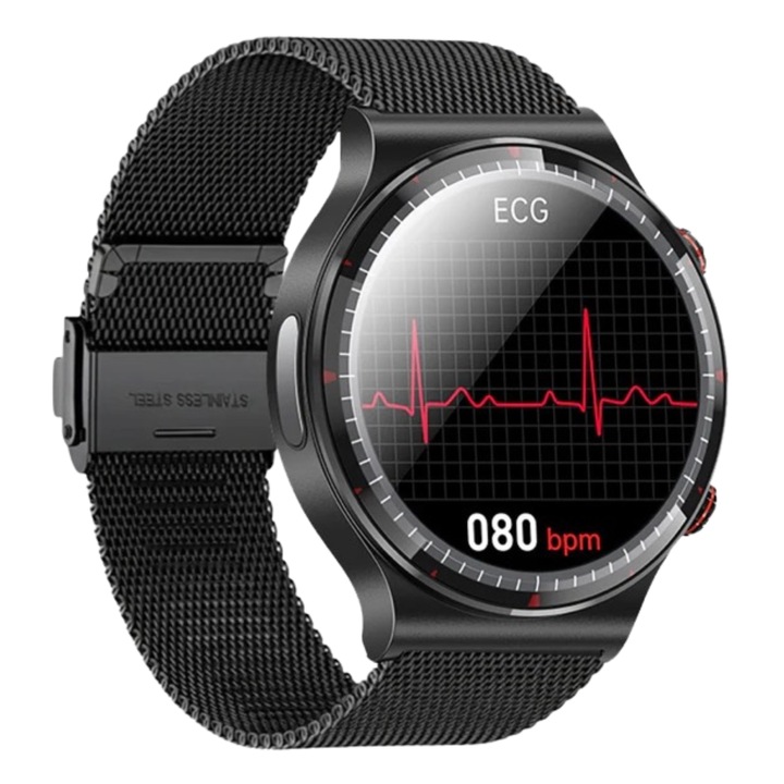 Smartwatch Lumaudio Scan, ECG, Monitorizare sanatate, 1.43 inch, curea metalica milanese, Negru
