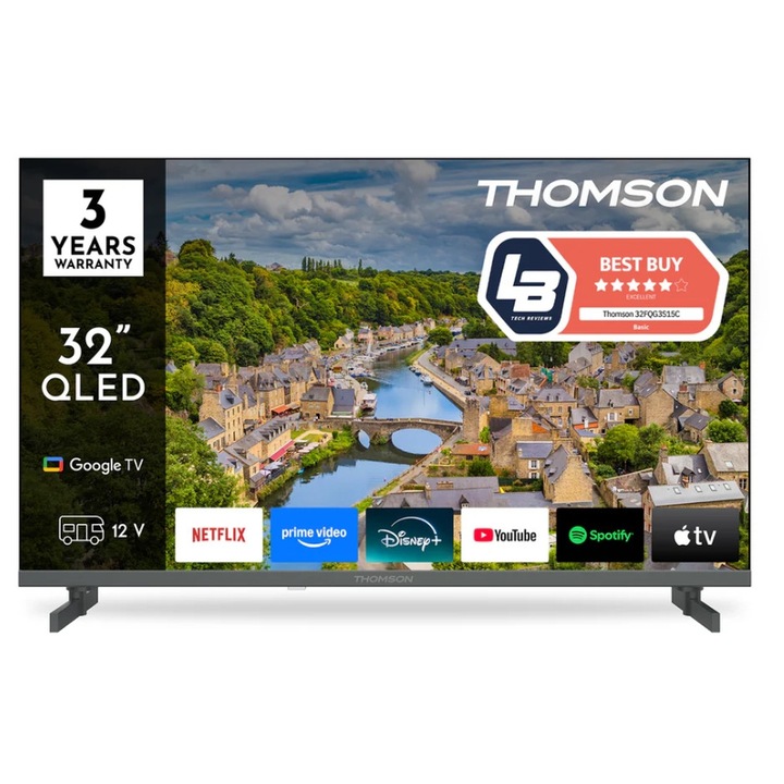 Телевизор Thomson FHD TV 32", Google TV, 1920 x 1080 (FHD), QLED, 60 Hz, HDR10, Dolby Audio, DVB-T/T2/C/S/S2, Wi-Fi, Bluetooth, LAN, HDMI 3 (1.4), USB 2 (2.0), S/PDIF 1x optical, AV IN, 12 Volt adapter included (12V/4A), Hotel mode, Adjustable 32FQG3S15C