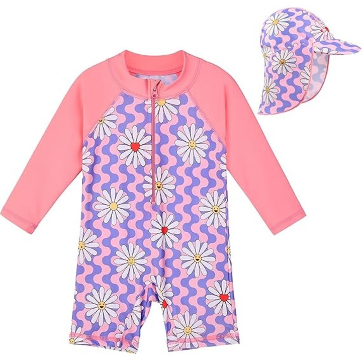 Costum de Baie pentru Fetite, cu Protectie UV UPF50+, Maneci Lungi si Fermoar, cu Caciulita, Material Moale si Elastic – Costum Inot Copii pentru Plaja, Piscina si Vacanta, Roz cu Floricele, Marimea 12 Luni