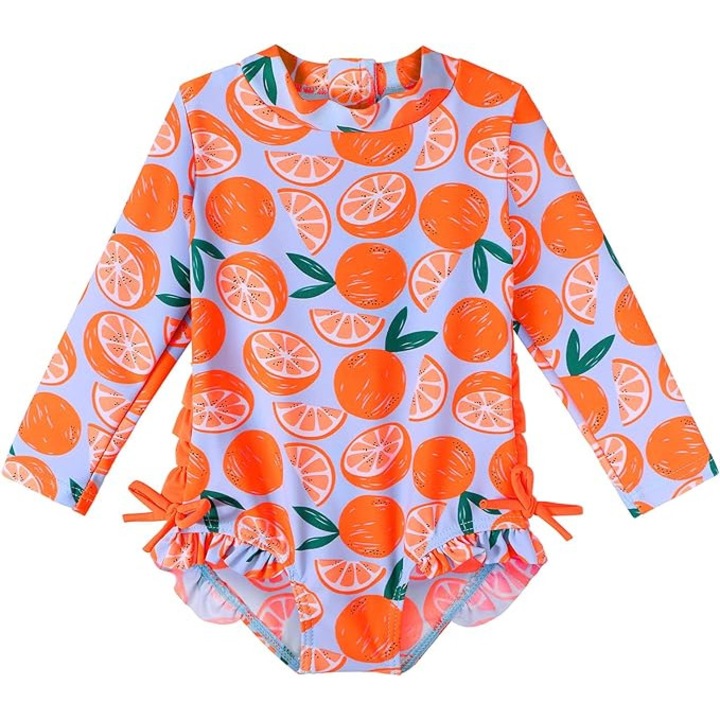 Costum de Baie pentru Fetite, cu Protectie UV UPF50+, Maneci Lungi si Fermoar, cu Caciulita, Material Moale si Elastic – Costum Inot Copii pentru Plaja, Piscina si Vacanta, Portocaliu Neon, Marimea 12 Luni