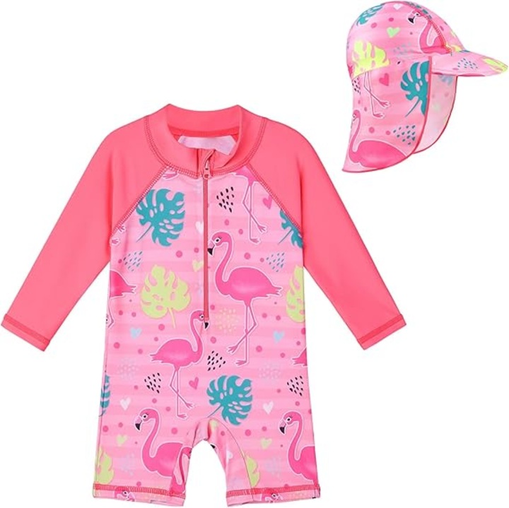 Costum de Baie pentru Fetite, cu Protectie UV UPF50+, Maneci Lungi si Fermoar, cu Caciulita, Material Moale si Elastic – Costum Inot Copii pentru Plaja, Piscina si Vacanta, Roz cu Flamingo, Marimea 6 ani