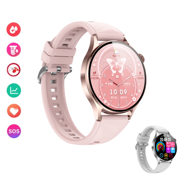 Ceas Smartwatch dama femei Lommad®, elegant, AMOLED 1.32”, apeluri Bluetooth, monitorizare sanatate completa (EKG, glicemie, puls, SpO2, somn), 100+ moduri sport, rezistent la apa IP68, curea cadou
