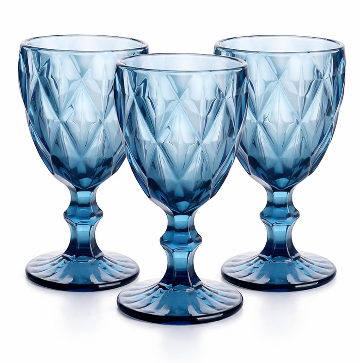 Set 3 pahare sticla cu picior, 315 ml, albastre, 8 x 16 cm