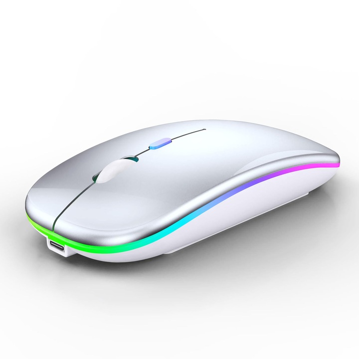 Mouse Wireless, Dual Mode Bluetooth 5.2 & 2.4GHz, 500mAh, iluminare RGB, Click Silentios, Mouse Office Fara fir – Compatibil cu Windows, Mac, Android, iOS, Argintiu