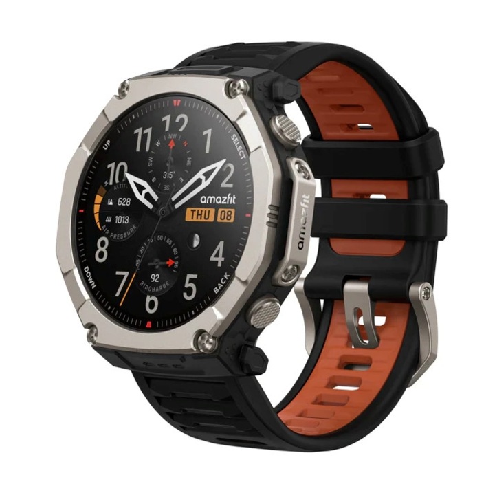 Smartwatch Amazfit T-Rex Ultra 2, Titan grad 5, 30 zile autonomie, 1.5", Negru