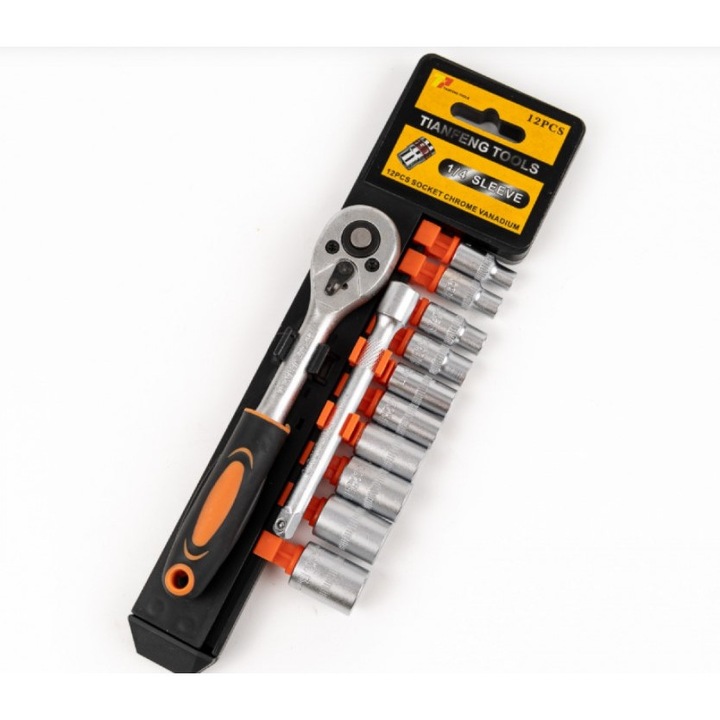 Racsnis dugókulcs készlet 1/4", 12 darabos, Cr-V acél, kompakt készlet mechanikai munkákhoz