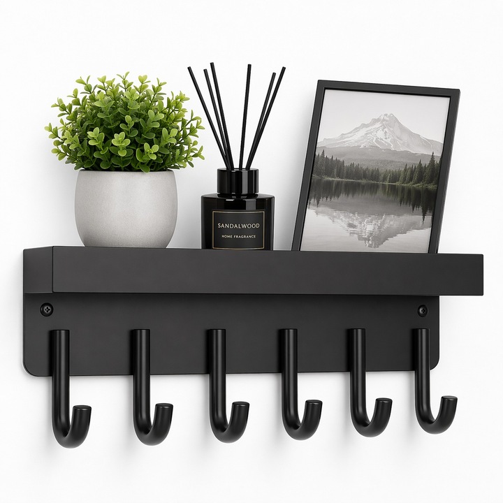 Cuier Perete Cu Raft Ruhhy, 6 Carlige, Montaj Magnetic Sau Suruburi, Dimensiune 24.5 x 8.5 x 5 cm, Material metalic, Culoare Negru