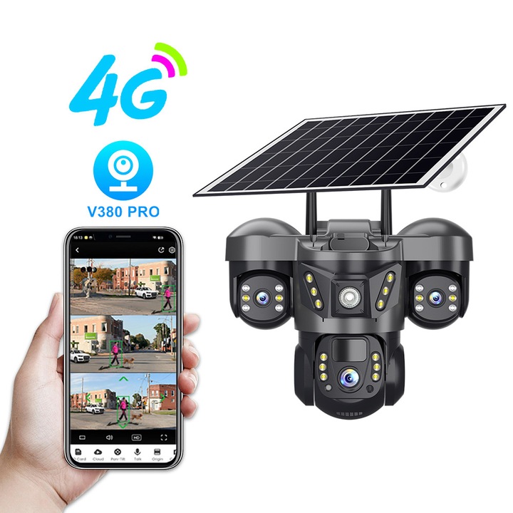 Camera de supraveghere V380 Pro 4G cu alimentare solara: 6MP Full HD cu trei vizualizari, baterie de 8000mAh, rotatie la 360°, VPUINEFE, alarma de detectare a miscarii, urmarire inteligenta, control vocal bidirectional, vedere nocturna, negru