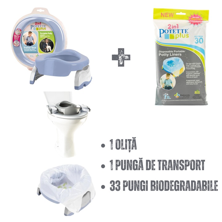 Set Complet Olita Portabila 2 in 1 Potette Plus si 33 Pungi de Rezerva (30+3), Reductor WC, Picioare Pliabile, include Geanta Transport, Ideala pentru Calatorii si Vacante, Misty/Alb
