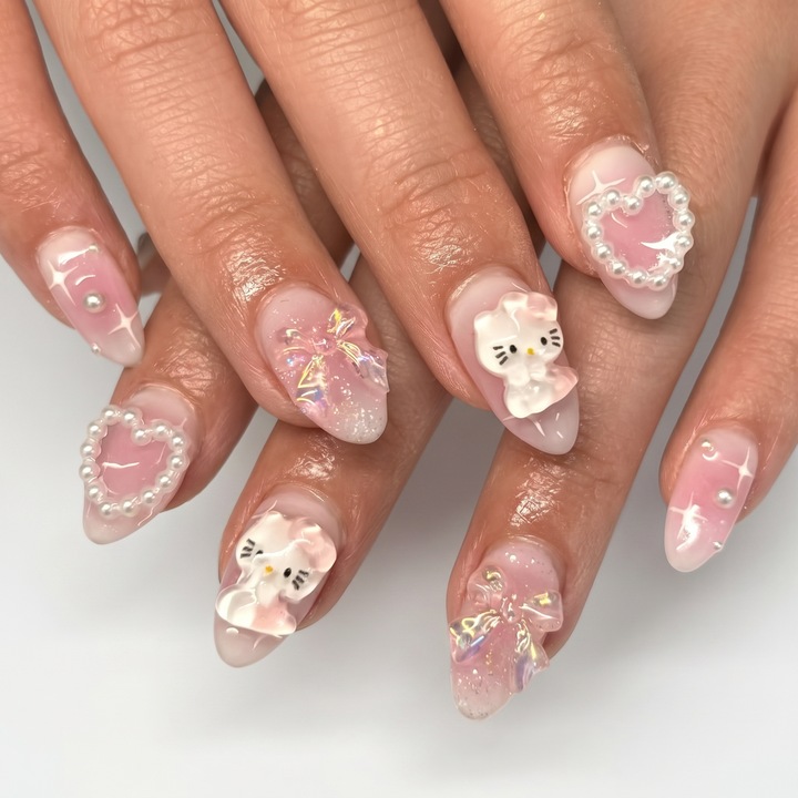 Unghii false 24 bucati, design scurt in forma de migdala, unghii reutilizabile, cu gradient blush, fundite si inimi, obtineti fara efort o manichiura moale si visatoare. Unghii acrilice cu kit de lipici