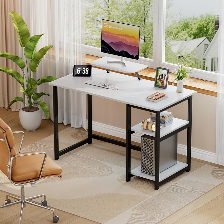 Birou modern 100x50x75 cm cu spatiu de depozitare, masa PC cu rafturi detasabile, suport monitor, structura metalica stabila, design ergonomic si multifunctional pentru acasa, gaming, dormitor sau birou, alb