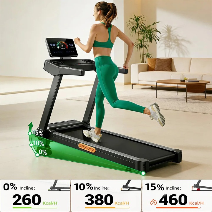 L20, Futópad, Állítható dőlésszög 15%, Sebesség 14 km/h, Futófelület 40×107 cm, LED kijelző, Pulzusmérő markolat, Összecsukható, Bézs